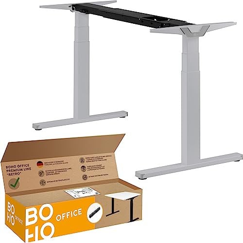 boho office® Höhenverstellbarer Schreibtisch Gestell - Made in Germany, Elektrisch stufenlos, 2 laufruhige Motoren, 3-Fach Teleskop, Kollisionsschutz - Premium Line Silber mit Retroschalter