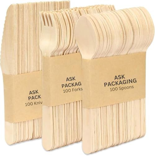 Ask Packaging Juego de 300 cubiertos desechables de madera, 100 tenedores, 100 cucharas, 100 cuchillos, 16 cm, biodegradables, compostables y ecológicos, ideales para fiestas, picnics, Navidad, todas