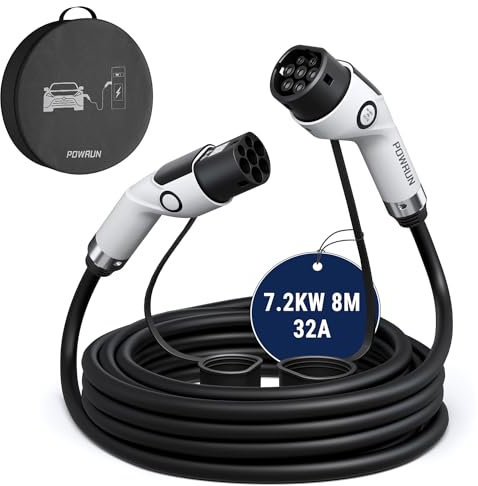 Powrun Typ 2 Ladekabel 22kW 8m 32A mit Tragetasche, Ladekabel Elektroauto Typ 2 3-Phasig IP55 Wasserdicht, Typ 2 auf Typ 2 Mode 3 Ladekabel für E Auto EV/PHEV (P3-32-8) (TYP 2| 32A | 7.2KW, 8M)