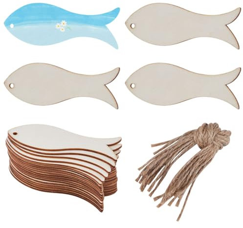 GORGECRAFT 20Stk Ausgeschnittene Fischanhänger Aus Holz Weihnachtsanhänger 10.1x3.5cmAus Holz Hängende Scheiben Ornamente-Sets Mit Lochseilen Für Kunsthandwerk Hochzeit Weihnachten Geburtstag Kunst