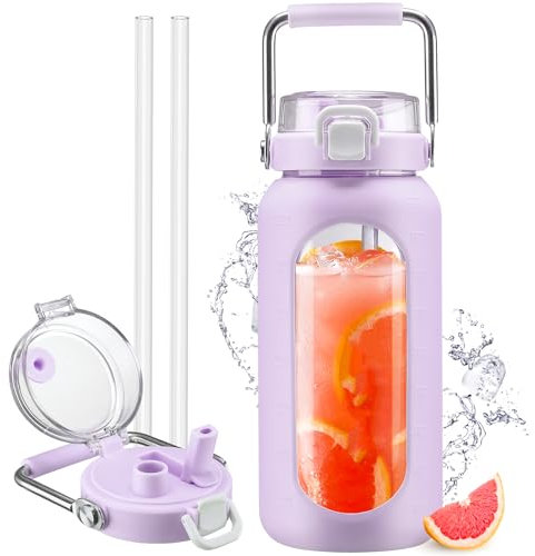 HYDRAGLAZIC 2L Verre Gourde avec paille et marqueur de temps Motivationnel Bouteille avec manchon en silicone Large bouche Borosilicate Cruche d'eau Sans BPA Anti-fuite, Violet