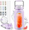 HYDRAGLAZIC 2L Verre Gourde avec paille et marqueur de temps Motivationnel Bouteille avec manchon en silicone Large bouche Borosilicate Cruche d'eau Sans BPA Anti-fuite, Violet
