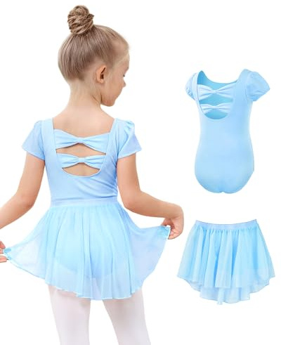 JiAmy Ballettkleidung Mädchen, Ballettkleid Mädchen Ballettanzug, Baumwolle Kurzarm Balletttrikot Turnanzug Tanzbody + Chiffon Wickelrock Tütü Rock Tanzkleid 2tlg für Kinder 2-11Jahre