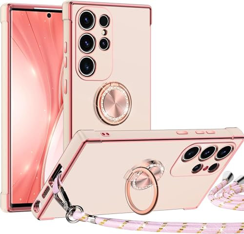 Miss Arts für Samsung Galaxy S24 Ultra Hülle mit Band, Ring Ständer Handyhülle Handykette Frauen Mädchen Dünn Stoßfeste Schutzhülle für Samsung Galaxy S24 Ultra Case Rosa