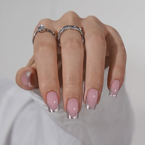 BTArtbox Press on Nails Short - French Tip False Nails Square, 30pcs Silver Stick On Nails for Fall Women Gifts, Long Lasting & Natural Fake Nail Kit in 16 Sizes, Rock Star