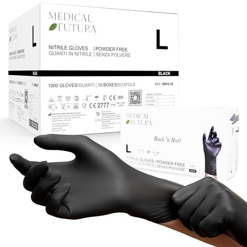 MEDICAL FUTURA - Pack of 1000 Nitrile Gloves, L, Black, Anti-Allergy, Powder-Free, Latex-Free, Ideal for Beauticians, Tattoos, Workshops, Medical Areas and Food Handling (L, Black)