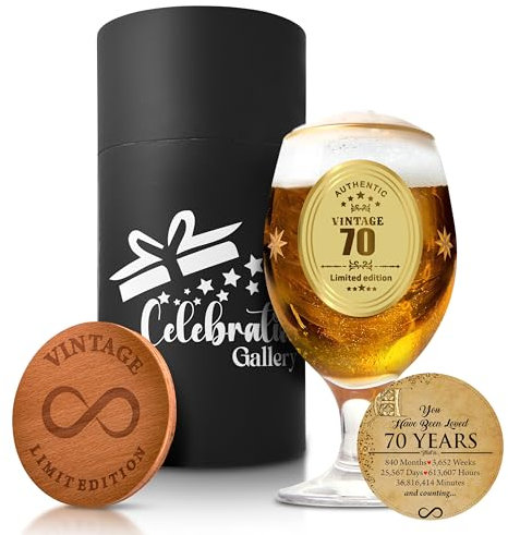 Celebration Gallery Vasos de cerveza, regalos de 70 cumpleaños, regalos personalizados para hombres, taza personalizada con posavasos de madera, vasos de pinta de 400 ml, regalos de cerveza, tazas de