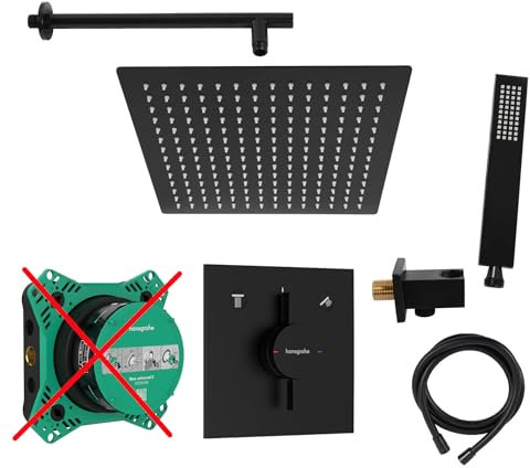 vanvilla Duschsystem mit Unterputz Duscharmatur von Hansgrohe Duo Turn E und vanvilla Regendusche mit Armatur, Duschkopf eckig, Dusch-SET HGS201-ob schwarz matt