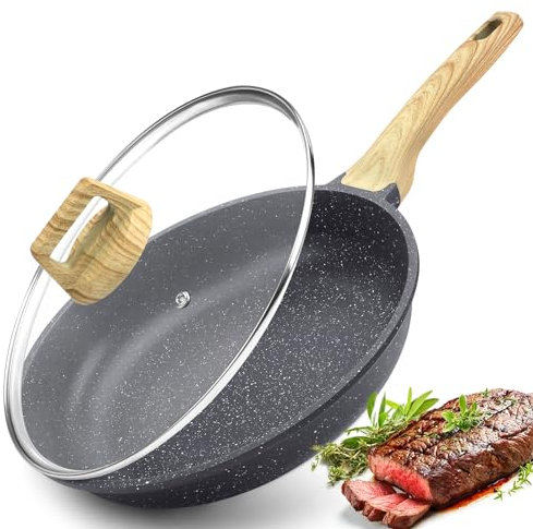GiPP Nonstick Frying Pan Skillet with Lid - 20cm Grey Granite Non Stick Pans, Omelette Pan with Heat-Resistant Handle, Compatible with All Stovetops, PFOA Free (Grey, 20+lid)