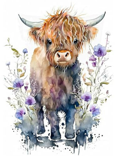 DAERLE 5D Diamant Painting Aquarell Highlander Kuh, Diamond Painting Tier, Diamond Painting Set für Erwachsene Mosaikherstellung, Diamant Malerei für Haus Dekoration 30x40cm