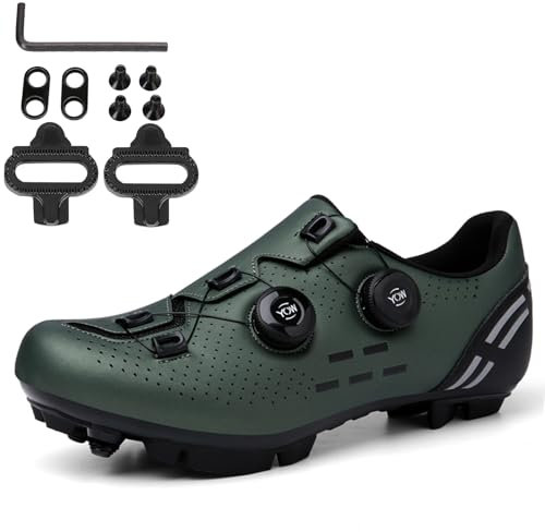 NGARY MTB Schuhe Herren/Damen Mountainbike Fahrradschuhe Kompatible mit SPD 2 Schrauben mit Cleats, atmungsaktive Radschuhe mit Schnalle,Grün,40 EU