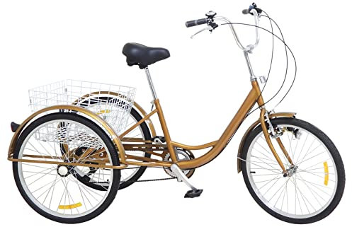 HUSPOO 24 Zoll Dreirad für Erwachsene 6 Gänge 3 Räder Fahrrad Cityräder mit Beleuchtung Antirutsch Verschleißfeste Räder und Korb für Senioren Erwachsene (Silber)
