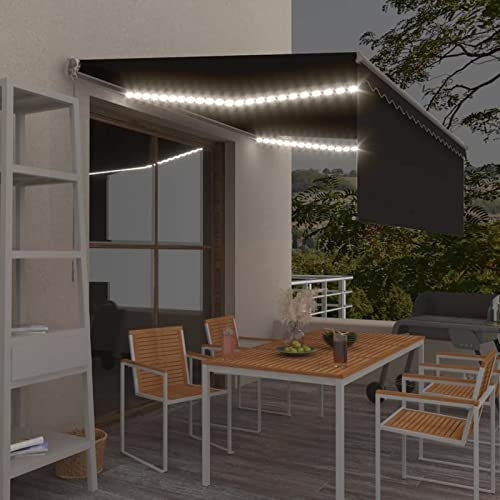 Sufrk Gelenkarmmarkise mit Volant & LED 4x3 m Anthrazit Balkon Sonnenschutz Balkon Klemmmarkise Markisenbeleuchtung Gartenmarkise