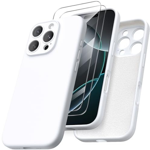 ORNARTO Compatible with iPhone 16 Pro Case 6.3 inch, with 2 x Screen Protector Liquid Silicone Gel Rubber Cover [Full Body] Shockproof Protective iPhone Case for iPhone 16 Pro-White