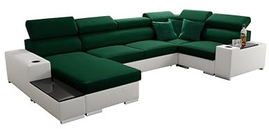 All4All Ecksofa mit Schlaffunktion Passe 335 cm x 205 cm - Wohnlandschaft U-Form - Schlafsofa mit Bettkasten - XXL Sofa - Groß - Gewebe mit Kunstleder -Grün/Weiß - Linke Seite 26