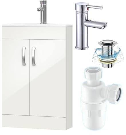 BELOFAY 600mm Under Sink Bathroom Cabinet Floor Standing Storage Cupboard Basin Vanity Unit, 600mm Laquered Cloakroom Vanity Unit with Basin, Tap, Trap and Waste, Tap not Included (Newyork White)