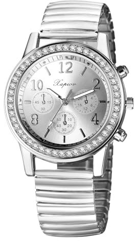 JewelryWe Damenuhr Elastische Leuchtende Uhr: Glitzer Zirkonia Diamant Analog Quarz Armbanduhr Damen Silber Edelstahl Stretch-Armband Lässige Uhr mit Zugarmband und Leuchtzeiger