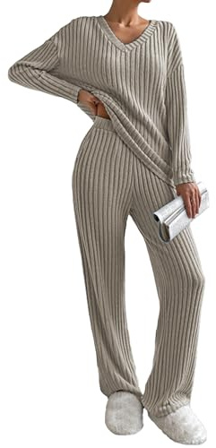 Famulily Pigiama da donna, set da notte da donna, a costine, 2 pezzi, abbigliamento per il tempo libero, abbigliamento da casa, scollo a V, maniche lunghe e pantaloni a gamba larga con tasche