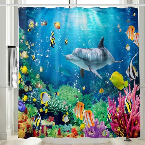 Vgzsyomqib Dauphin Rideau Douche Anti Moisissure 3D Imprimé Océan Mer Coloré Rideau de Salle Bain 180x180 Tissu Polyester Imperméable Motif Fond Marine Poisson Rideaux Baignoire Lavable