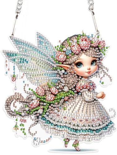 DCIDBEI Diamond Painting Anhänger mit Kett Elfe Fee Angel 15x14cm Diamond Painting Ornamente Schilder Diamant Malerei Anhänger Pendant Plakette Haustürschild Wandschild für Anfänger Wandbehang