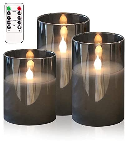 HIYAA LED Flameless Candles, Gray Glass Battery Operated Candles Flickering with Remote, 3D Wick Realistic LED Fake Candles 3 H 4 5 6 with Timer for Wedding Party Christmas Decoration