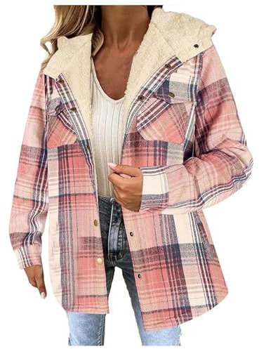 Hemdjacke Damen Flanellhemd Kariertes Knöpfen Taschen Mantel Holzfällerjacke Plaid Plüsch Fleece Gefüttert Jacke Winter Bluse Mit Kapuze Rosa M