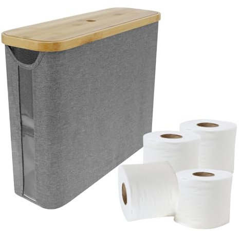 Klopapier Aufbewahrung mit Abdeckung aus Bambus für 12 Rollen Toilettenpapier Aufbewahrer Klorollenaufbewahrung mit Holzstangenhalterung Feuchtigkeitsbeständig WC (Grau)