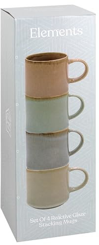 Lesser & Pavey Elements Reactive Glaze Stack Mugs Set of 4 Kitchen & Home | Stylish Tableware Mug Set of 4 for Every Occasion | Lovely Coffee Cup Set for Mens Gifts & Birthday Gifts for Women LP73794