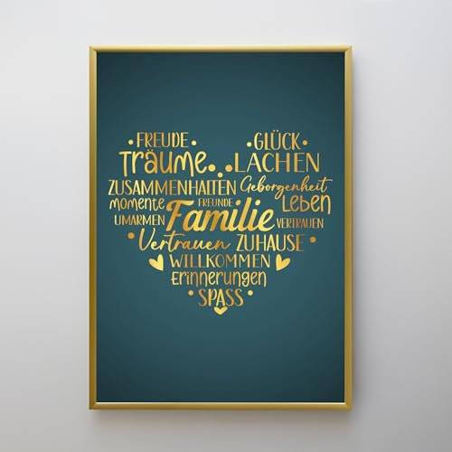 codiarts. Poster DIN A3 – goldener Spruch Familie, Heimathafen und Vertrauen – mit echter Heißfolienprägung – optional mit Goldrahmen (Poster DIN A3, 03-Familien Herz)