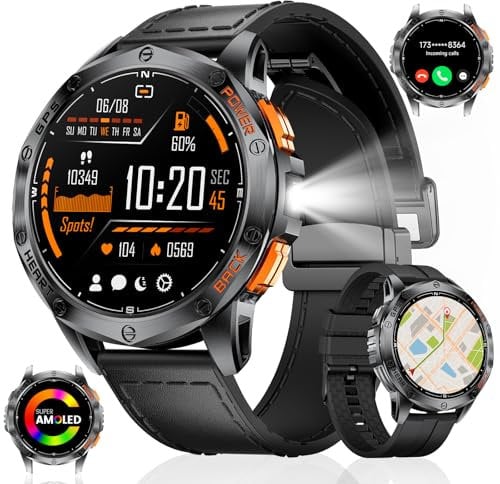 GPS Smartwatch Herren mit LED Taschenlampe,1.43‘’Amoled Display,Fitnessuhr mit 530 mAh Große Batterie,10ATM Wasserdicht,120+ Sport Modi,Herzfrequenz/Schrittzähler/Höhenmesser/Kompass für iOS Android