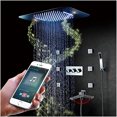 FLUXGOONE Musik-Duschsystem, LED, 64 Farben, Duschhahn-Set, Wasserfall-Regendusche, Kombi-Set, 5 Funktionen, Wannen- und Duschverkleidungsset mit Handbrause und Regenduschkopf, 6 Körperdüsen, Bat