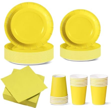 Set Stoviglie Carta Monouso Giallo 112 pezzi, festa di compleanno, kit per 24 ospiti