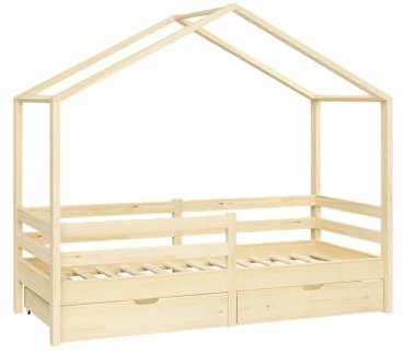 Bellabino Abia Kinderbett 90x200 cm – Hausbett mit Rausfallschutz, Lattenrost & 2 Schubladen – Montessori Kinder Bett aus Massivholz Kiefer für Jungen und Mädchen in Natur