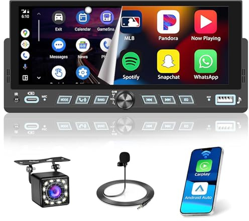 Hikity Autoradio Bluetooth 1 DIN mit Wireless Carplay Android Auto, 1 Din Radio mit 6,9 Zoll Touchscreen, Mirror Link, FM Radio, USB, Typ-C, SWC, EQ, Rückfahrkamera, Mikrofon