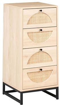 Beliani Modern Chest of Drawers 4 Drawer Storage Rattan Fronts Particle Board Frame Steel Legs Light Brown Botwood