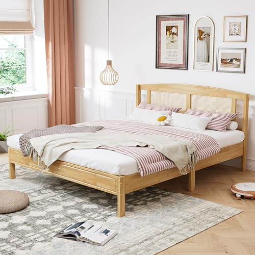 MURUL Doppelbett 160X200cm, Rattanbett, Jugendbett Erwachsenenbett, Rattannetzkissen, mit 15 Latten und Mittelfüße, Kiefer + PE-Rattan, Natur