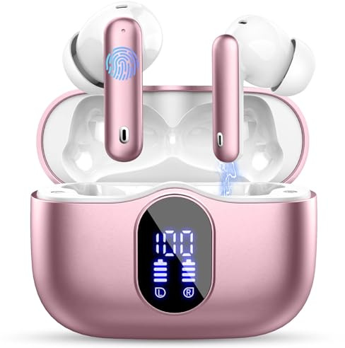 Wireless Earbuds, Bluetooth 5.4 Headphones In Ear with 4 ENC Mic, Wireless Earphones Noise Cancelling Deep Bass, LED Display, Bluetooth Earbuds 36H Playtime, IP7 Waterproof Ear buds, USB-C Pink Gold