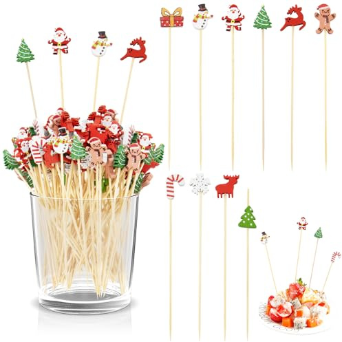 BORISCA 200 Piezas Palillos Navidad para Aperitivos, 12 CM Palillo para Brochetas de Frutas 10 Estilos Palitos de Cocktail Natal Brochetas Navidad para Aperitivos Cóctel Frutas Sándwich Barbacoa (A)