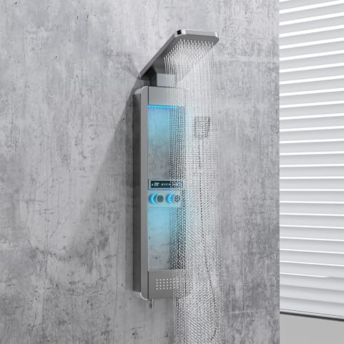 ELLO&ALLO LED Rain Shower Head and Rain Massage System with Body Jets Stainless Steel Bathroom Shower Panel Tower System with Shelf, Brushed Nickel and Chrome
