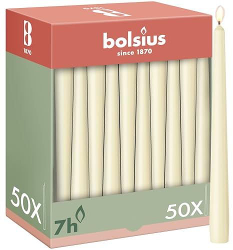 Bolsius Glatte Spitzkerzen - Elfenbein - 50 Stk. - 24,5 cm - Dekorative Haushaltkerzen - Brenndauer 7 Stunden - Unparfümierte - Enthält Natürliches Pflanzenwachs - Ohne Palmöl