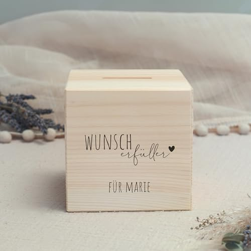 hellomini Personalisierte Spardose aus Holz mit Namen – Gravierte Wunschbox als Geschenk für große & kleine Träume – Individuell gestaltbar mit Wunschtext - Wunscherfüller Grafisch