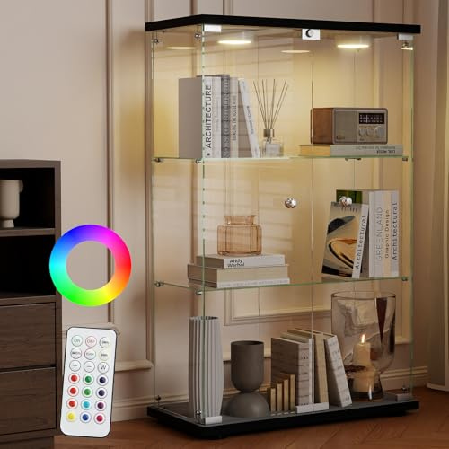 AUFHELLEN Glasvitrine Standvitrine mit LED in Schwarz 125x79x36,5CM Vitrine | Modern Vitrinenschrank mit 3 Böden aus ESG für Küche, Flur Wohnzimmer Büro zur Aufbewahrung von Sammlerstücken Büchern Weinen