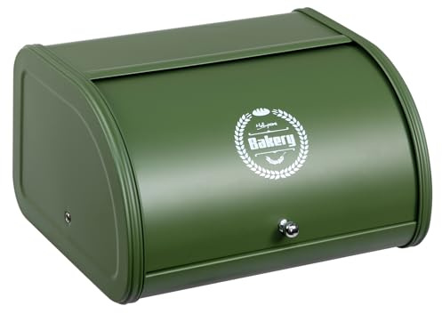 HollyHOME Bread Bin with Stainless Steel Body Metal Bread Bins for Kitchen | Colored Bread Storage Containers with Roll Up Easy Storage Bread Box Holder Lid,Green