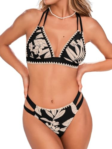 CUPSHE Ensemble bikini deux pièces pour femme - Dos nu - Col en V - Crochet dans le dos - Coutures découpées - Bas coquin