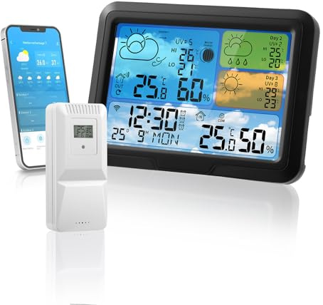 Wetterstation Wlan,Mit Außensensor & Wettervorhersage,Mit App Tuya Und Smartlife,Batteriebetrieb Und Netzbetrieb,Digital Farbdisplay,Wetterstation Funk Mit Außensensor Für Innen Und Außen (weiß)