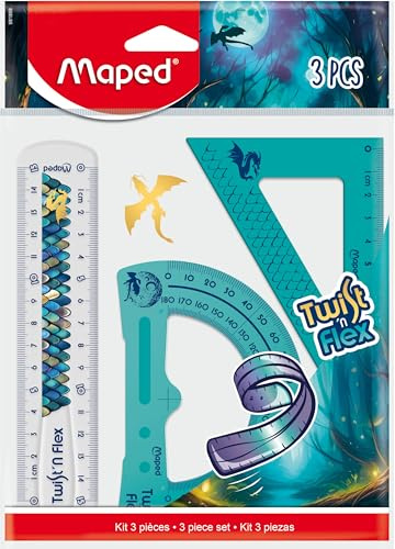 Maped - Twist'N Flex Dragon Mini-Zeichenset – 3-teilig – bruchsicher – Lineal 15 cm + Geodreieck 60 ° + Winkelmesser 180°