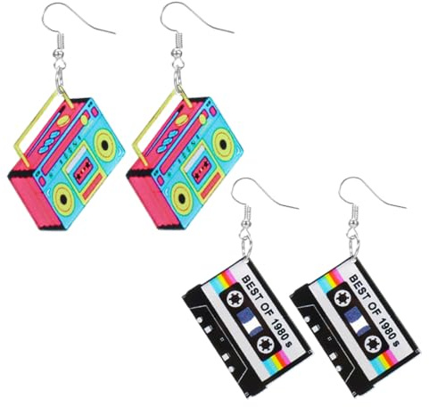 2 paia Acrilico Vintage Cassette Tape Orecchini Dangle Vecchia Macchina Fotografica Radio Gioielli, orecchini neon anni '80 e '90 per donna, Per Feste in Maschera, accessori per feste