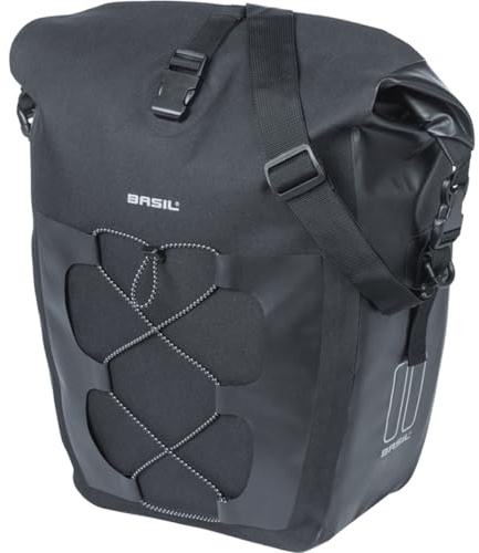 Basil Fahrrad Einzeltasche L MIK Hooks – 25–31L – Wasserdicht IPX3 – Rolltop-Verschluss – Kompressions-Vortasche – Tarpaulin/Polyester – Reflektierend – Abnehmbarer Schultergurt – Schwarz