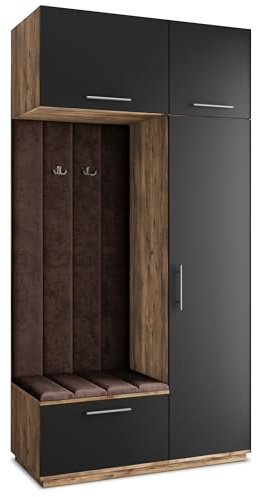 Masseno Flugarderoben Set Rema, Kleiderschrank-Set mit Sitzbank, Garderobenschrank Flur mit 5 Regalböden, Eiche Lefkas/Schwarz