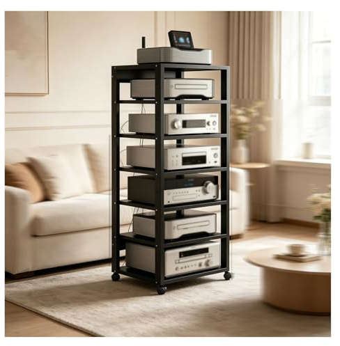 Audio Rack HiFi Regal Wohnzimmer-AV-Komponentenregal Mit Stabilem Rahmen, Mehrstufigen Offenen Regalen for Mediengeräte, Kabel-Organizer-System, Minimalistisches Design(Schwarz)